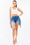 PLUS SIZE HIGH WAIST CUT OUT FRONT FRINGED SHORTS